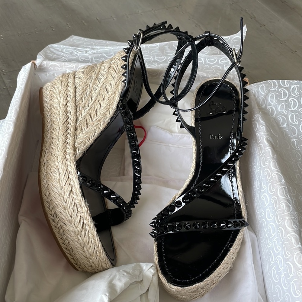 Christian Louboutin mafaldina zeppa black 120mm wedge espadrille sandal sz 39 - Picture 10 of 14